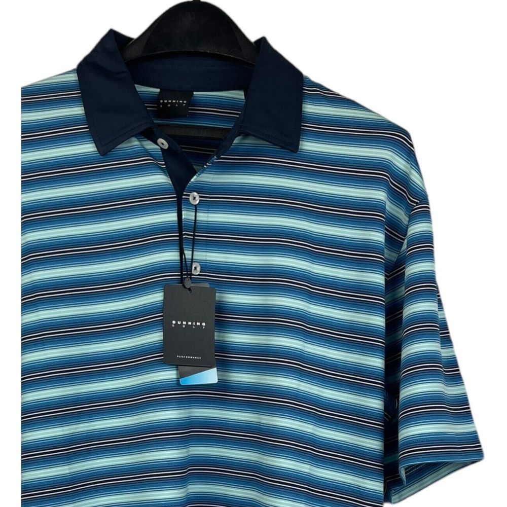 NEW Dunning Golf Mens Medium Cool Max Performance Golf Polo Wicking Blue Striped